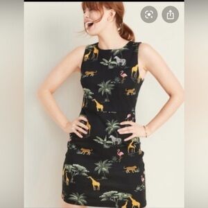 Old Navy EUC women’s black Safari print shift dress with animals size Large